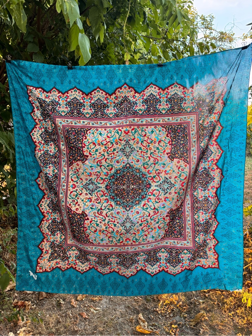 Vintage KENZO 100% Silk Scarf 42” Square Turquoise Floral Medallion Japan